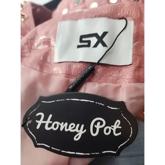 SX Honey Pot Spiked Jacket Womens S Faux Leather Baby Pink Belted Punk Moto NWT - Picture 9 of 10